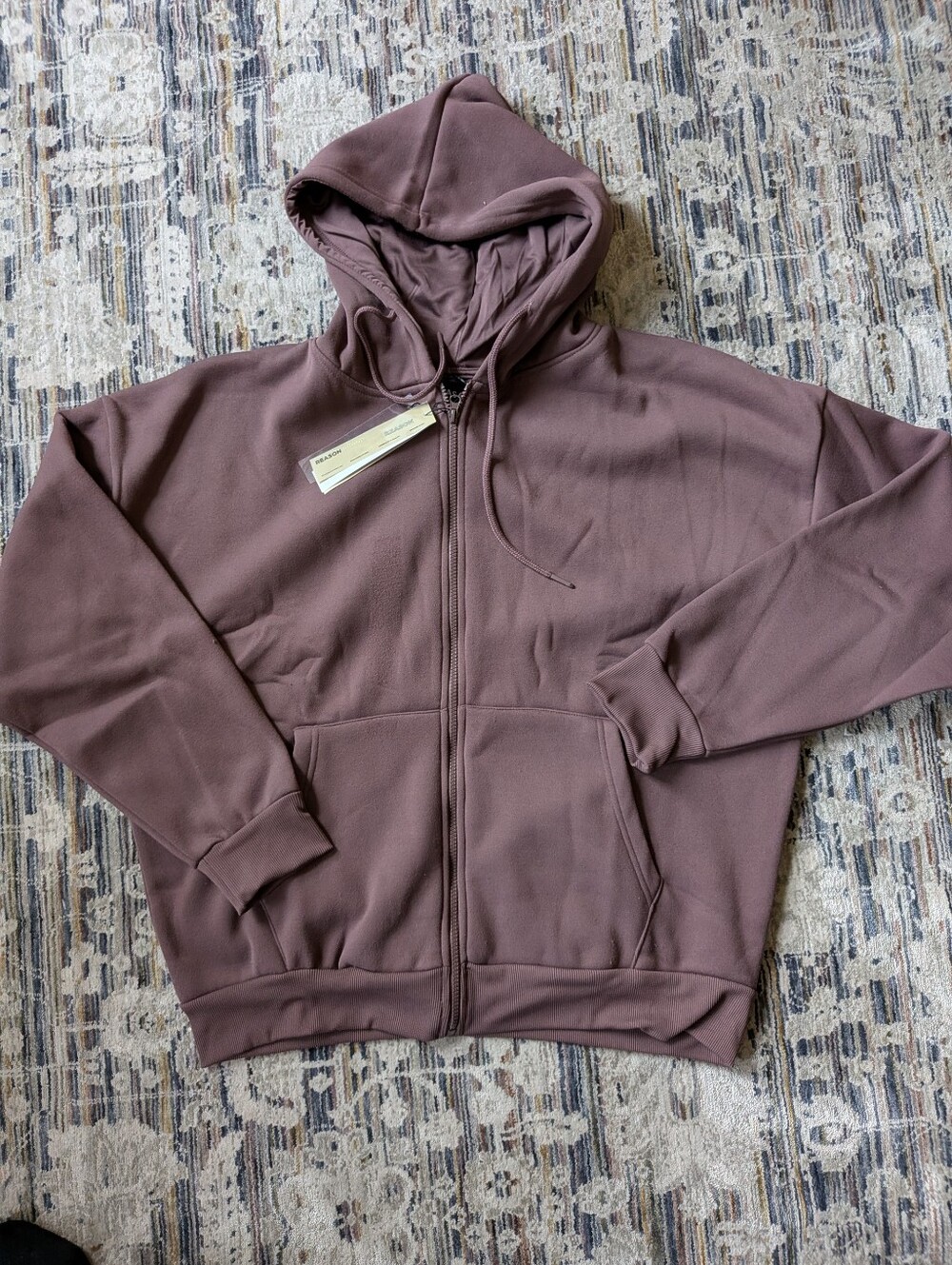 Reason Brand Essential Boxy Fit Zip-Up Hoodie Mauve NWT